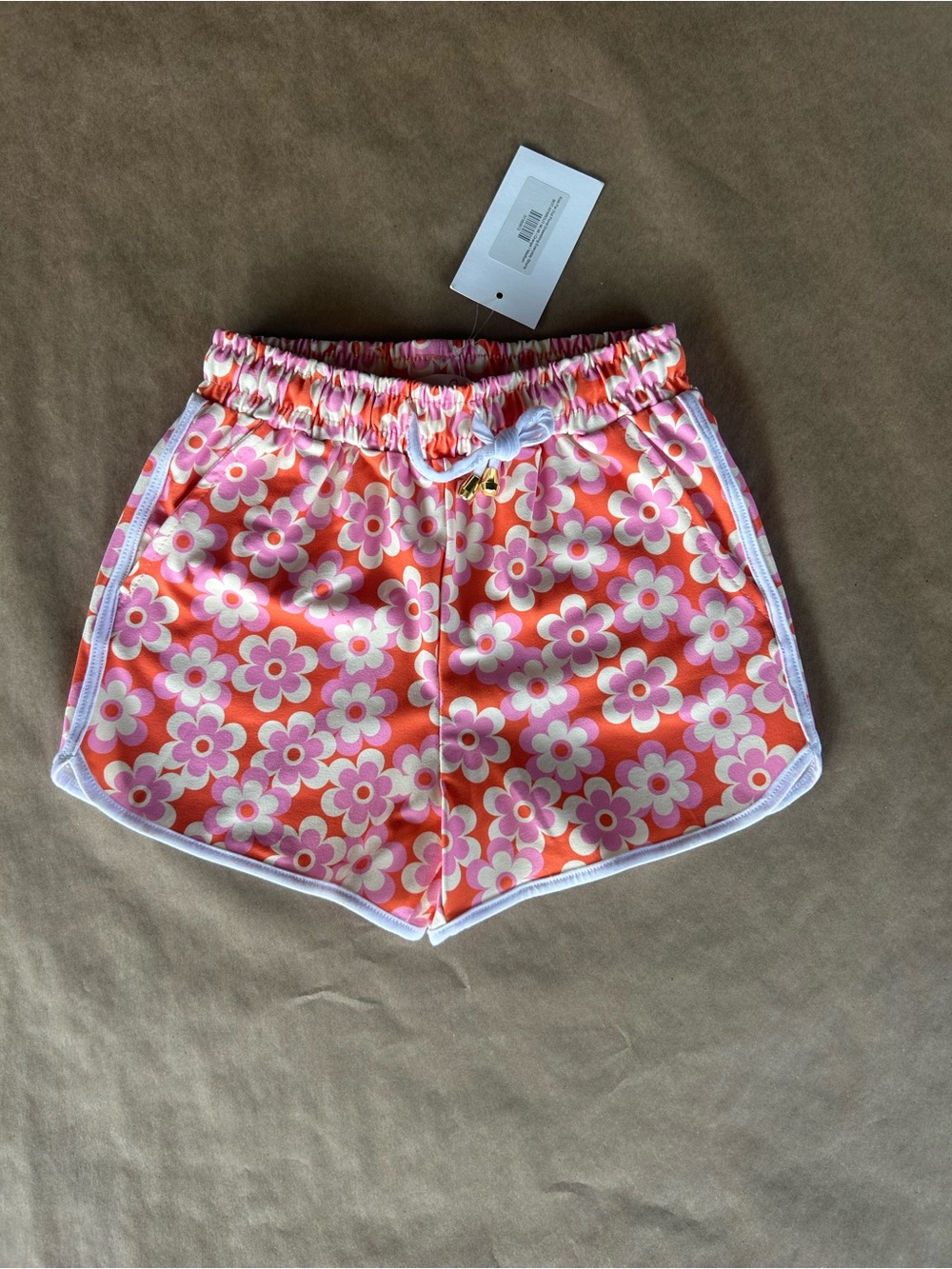 Kids Athletic Shorts Floral Pink & Orange with White Trim- Jess Lea
